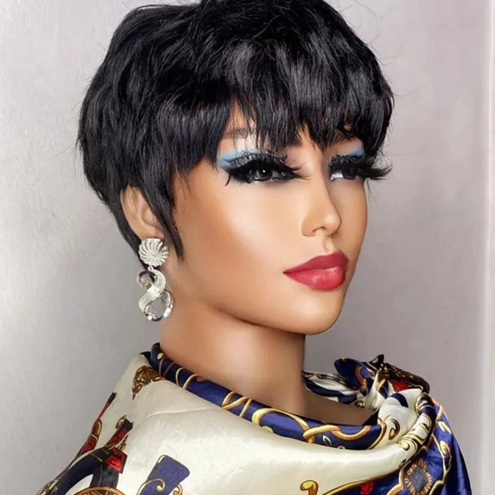 Brown short pixie cut human hair wig