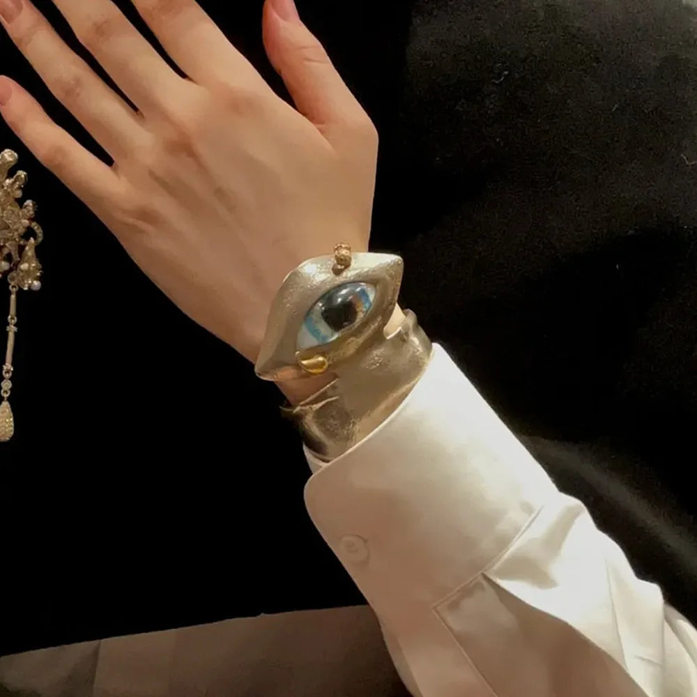 Vintage Ethnic Alloy Metal Blue Eyes Cuff Bracelet
