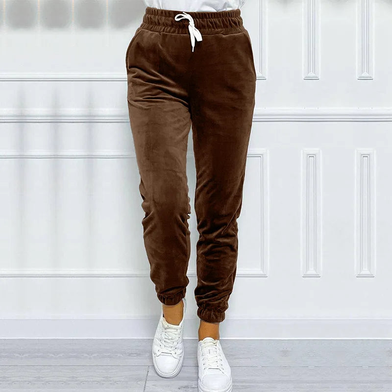 Solid drawstring velvet jogger pants