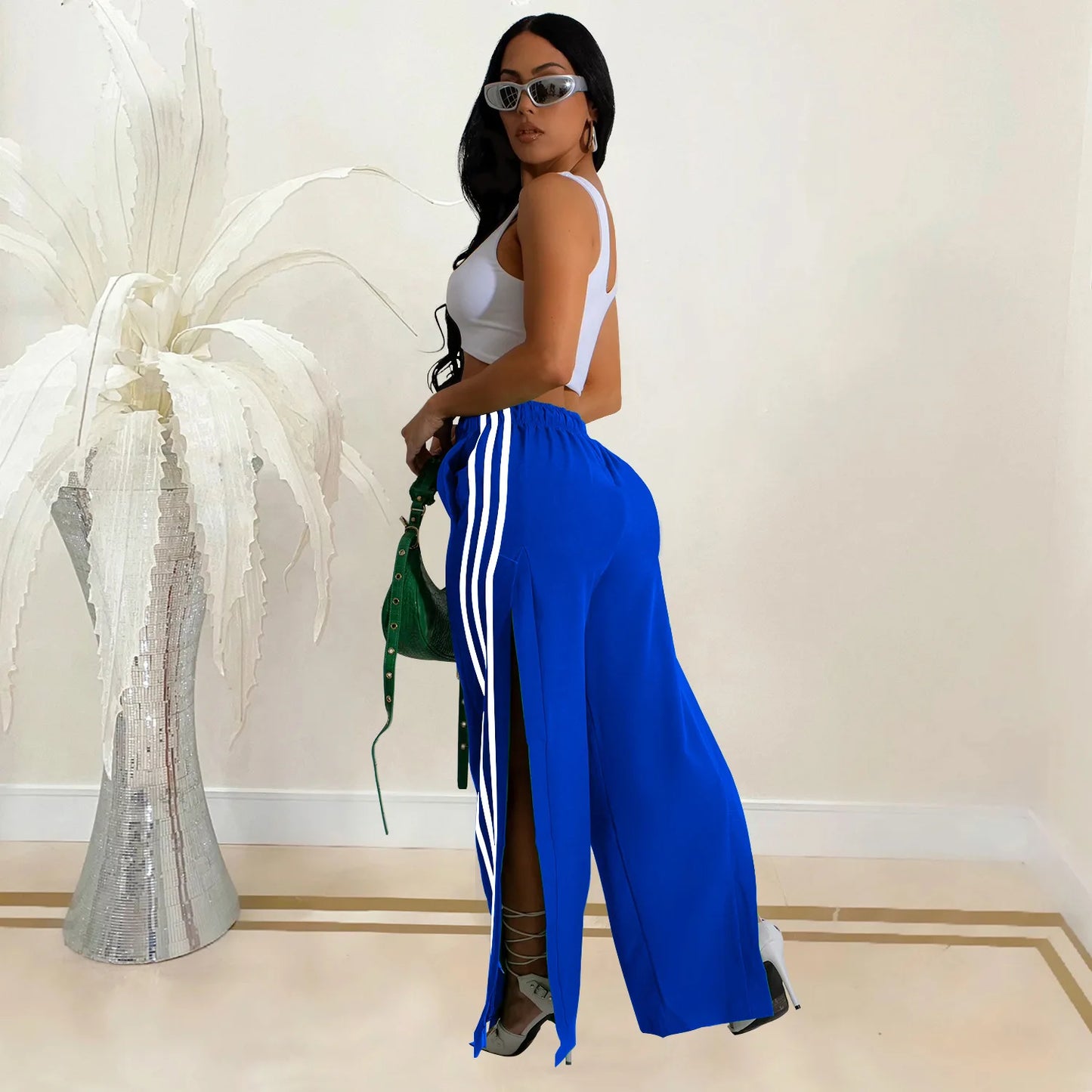 High waist stripe patchwork lace up pants