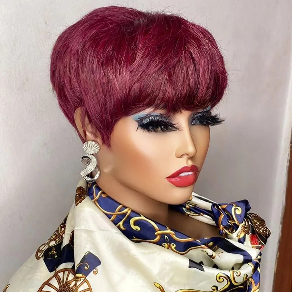 Brown short pixie cut human hair wig