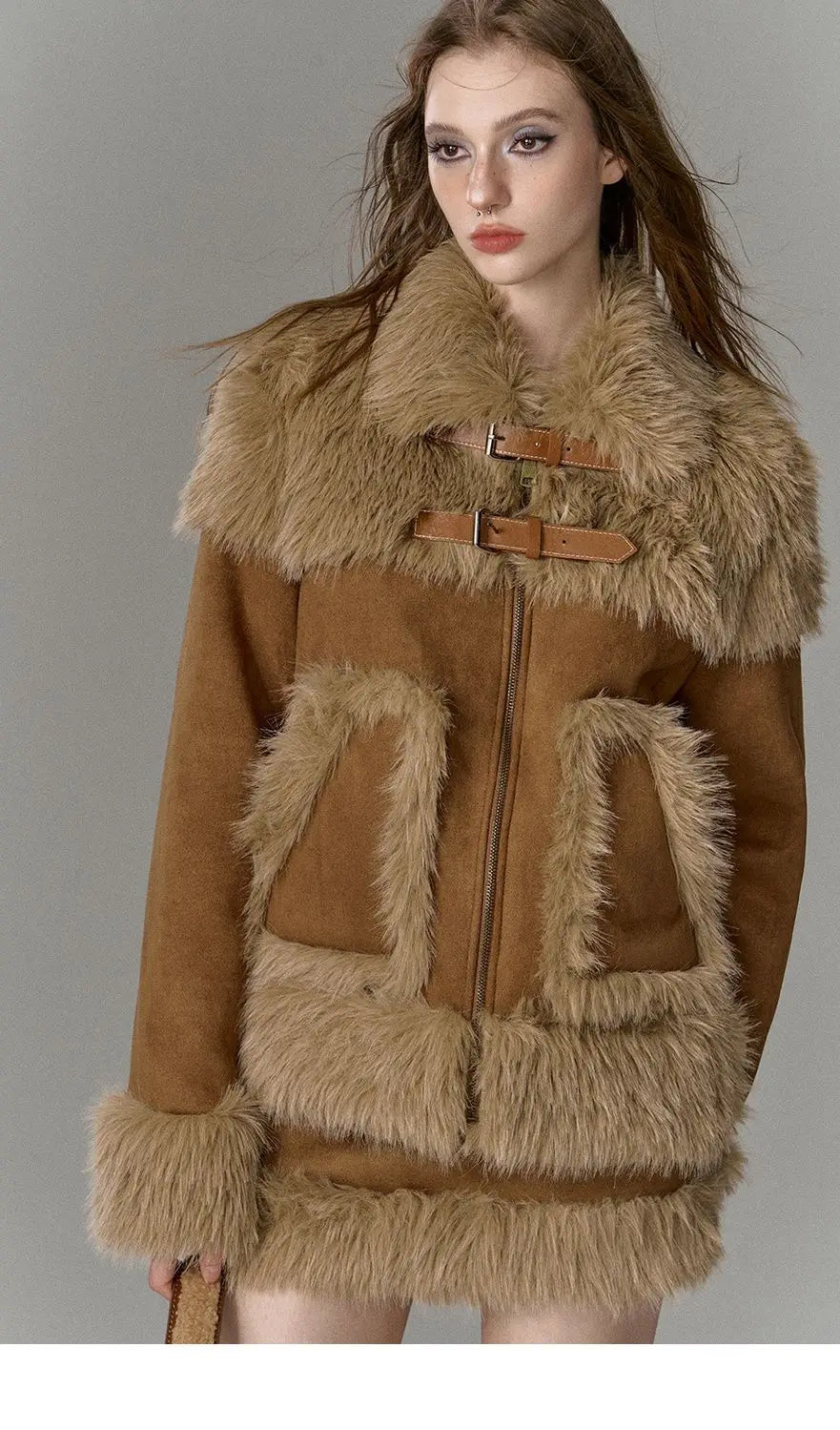 Imitation fur spliced short skirt two-piece suit