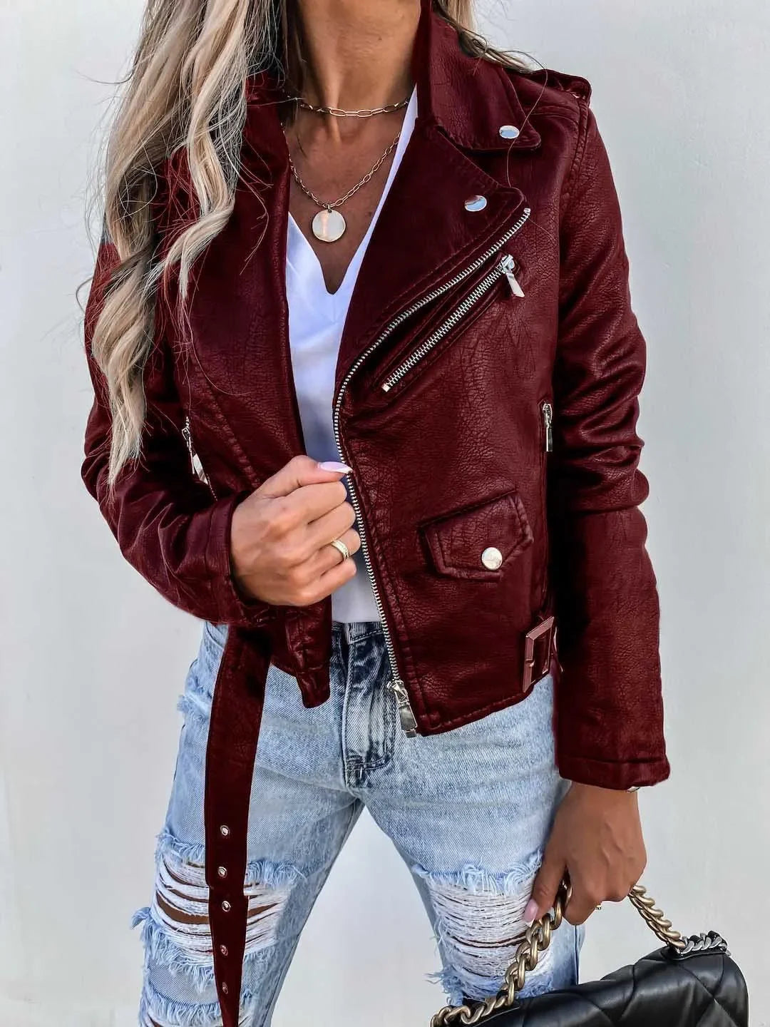 Women's long sleeve zipper pu leather jacket