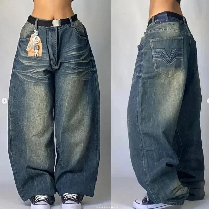 Fashion retro punk high waist wide leg trousers
