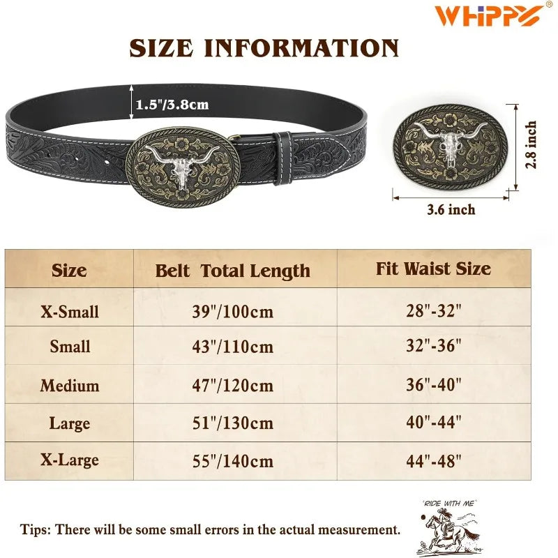 Engraved floral bull head leather buckle belt