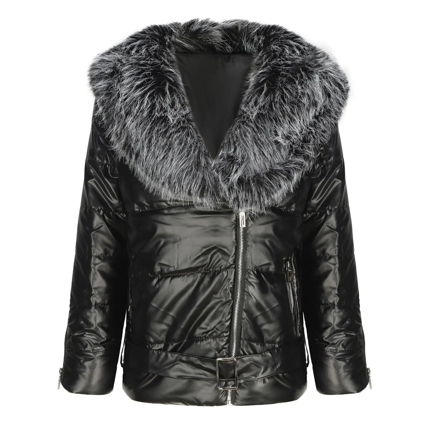 Women's glossy big fur collar cotton-padded coat