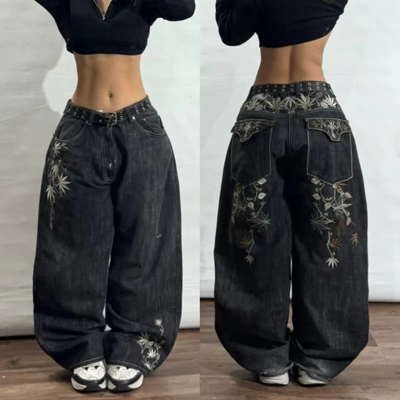 Fashion retro punk high waist wide leg trousers
