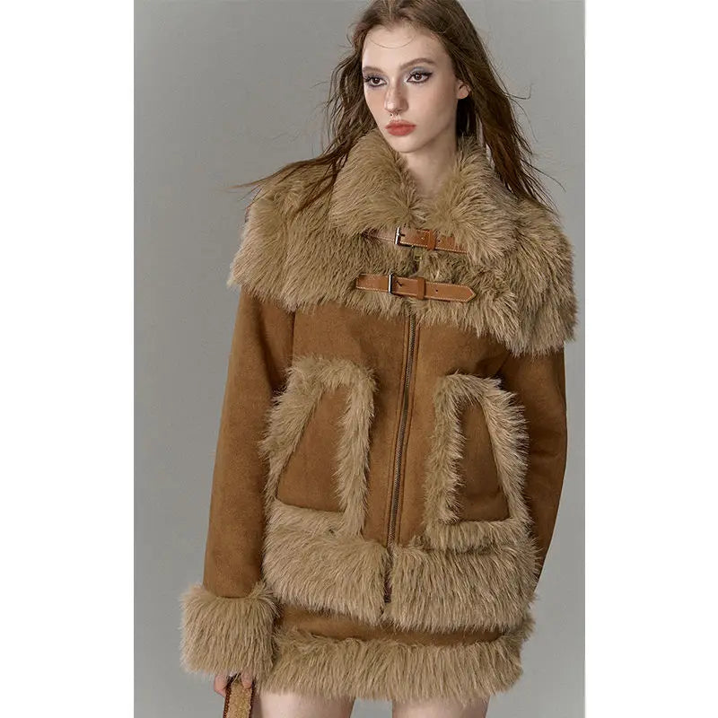 Imitation fur spliced short skirt two-piece suit