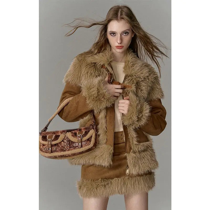 Imitation fur spliced short skirt two-piece suit