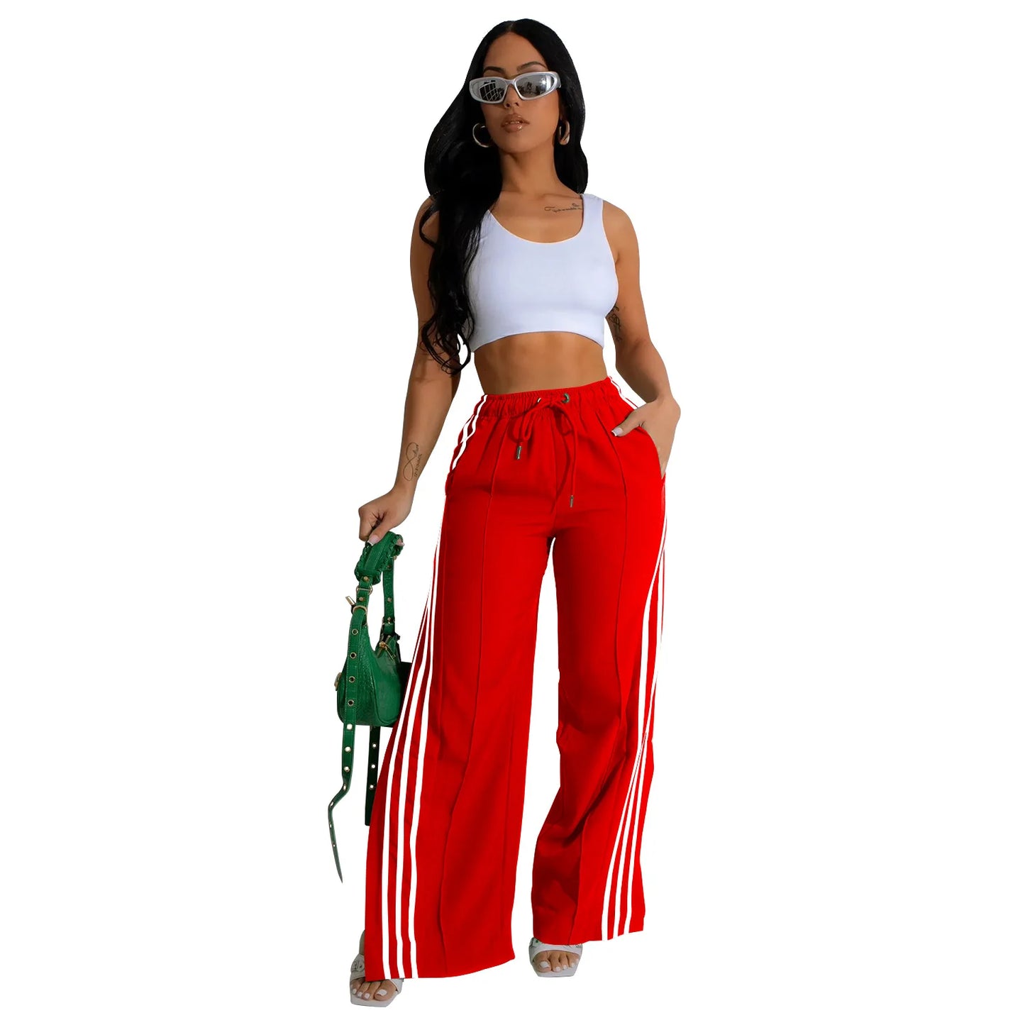 High waist stripe patchwork lace up pants
