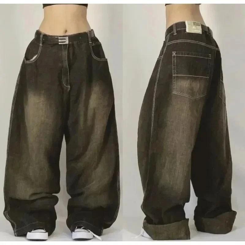 Fashion retro punk high waist wide leg trousers