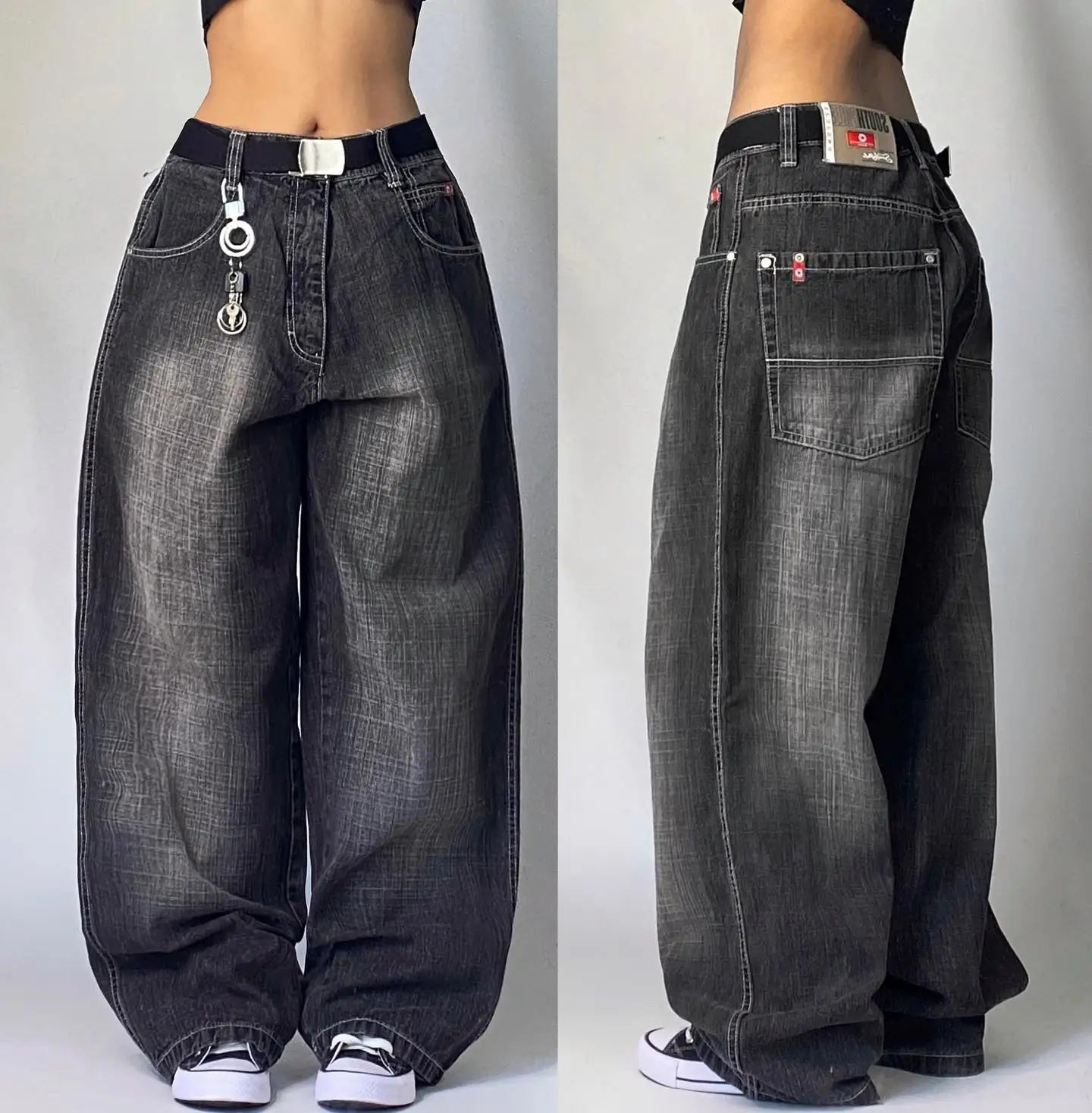 Fashion retro punk high waist wide leg trousers