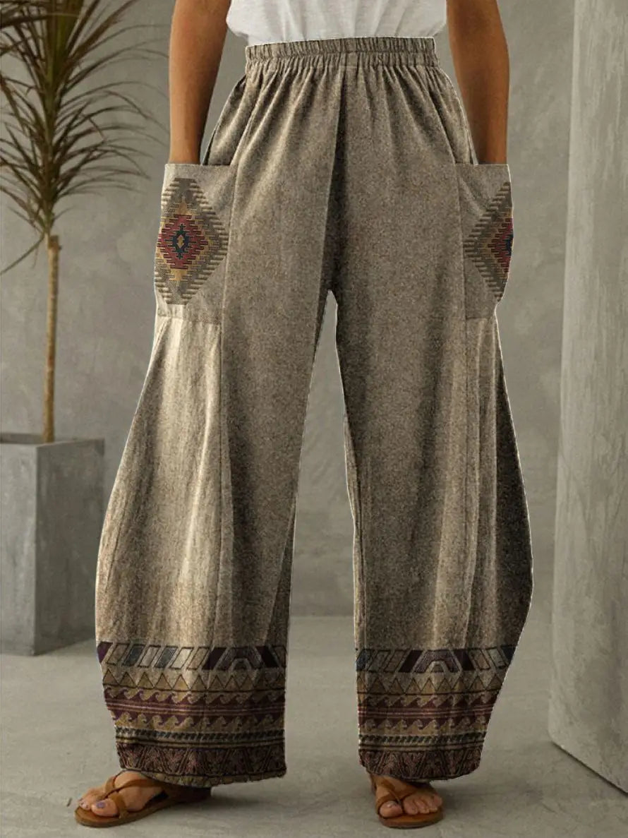 Casual vintage ethnic style with pocket pants