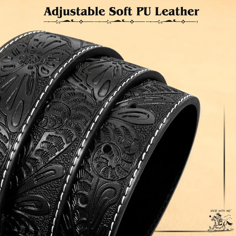 Engraved floral bull head leather buckle belt