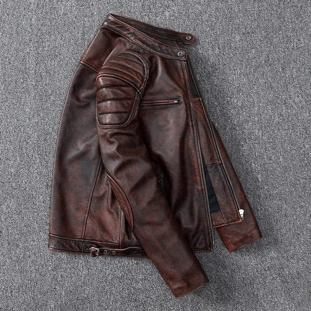Vintage style cowhide genuine leather jacket