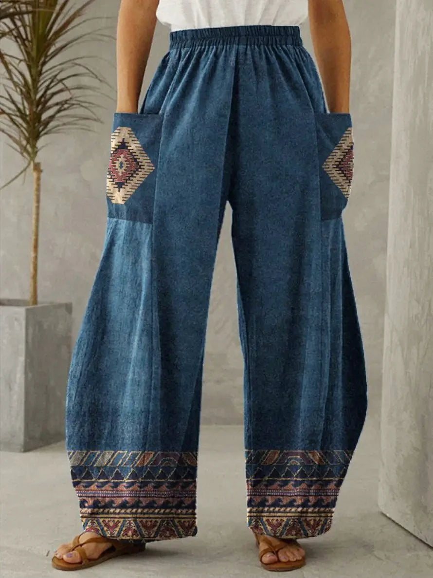 Casual vintage ethnic style with pocket pants