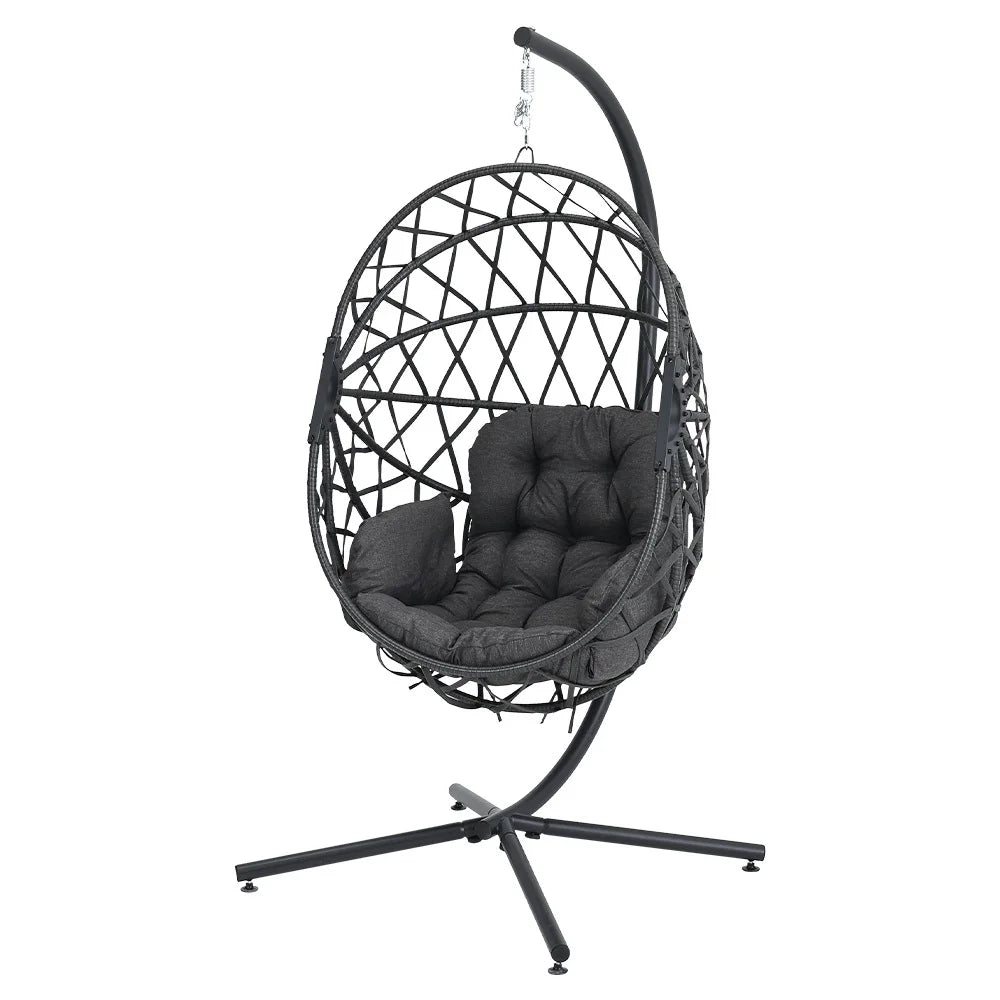 Woven outdoor egg chair with stand and cushion
