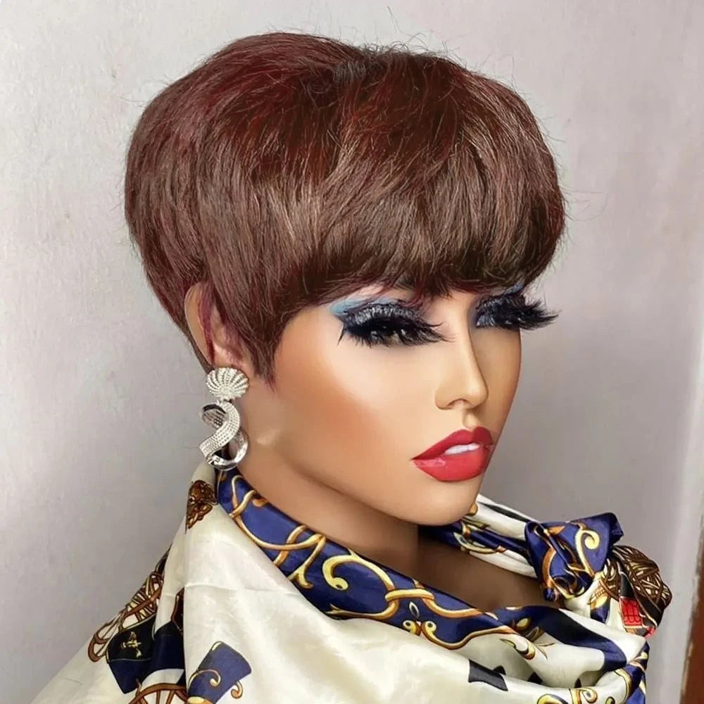Brown short pixie cut human hair wig
