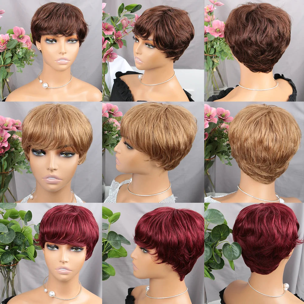 Brown short pixie cut human hair wig