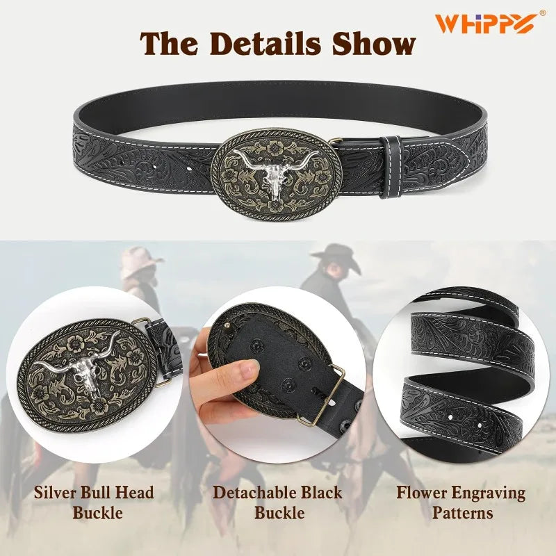 Engraved floral bull head leather buckle belt
