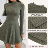 Long Sleeve High Waisted Flare Hem Casual Dress