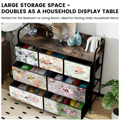 Flower printed fabric dresser cabinet with wood top