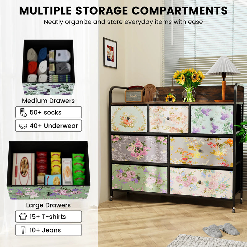 Flower Printed Fabric Dresser Cabinet with Wood Top