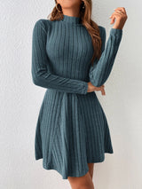Long Sleeve High Waisted Flare Hem Casual Dress