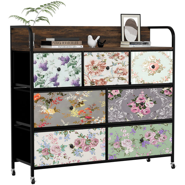 Flower Printed Fabric Dresser Cabinet with Wood Top