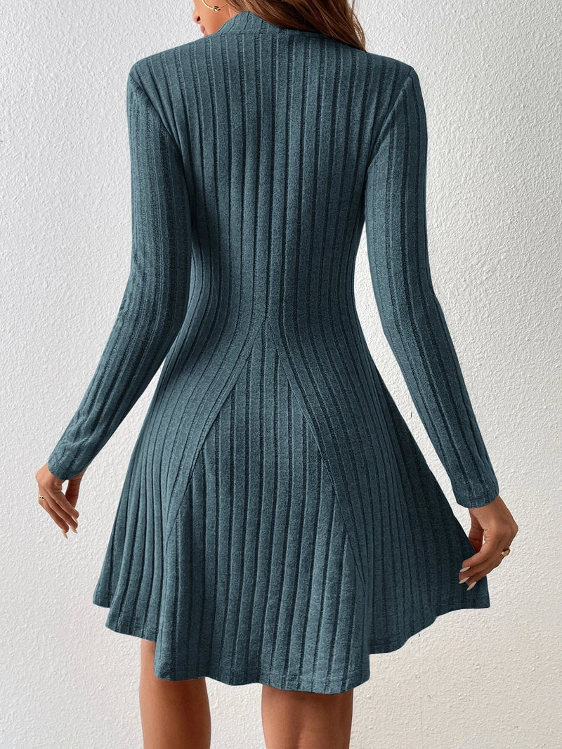 Long Sleeve High Waisted Flare Hem Casual Dress
