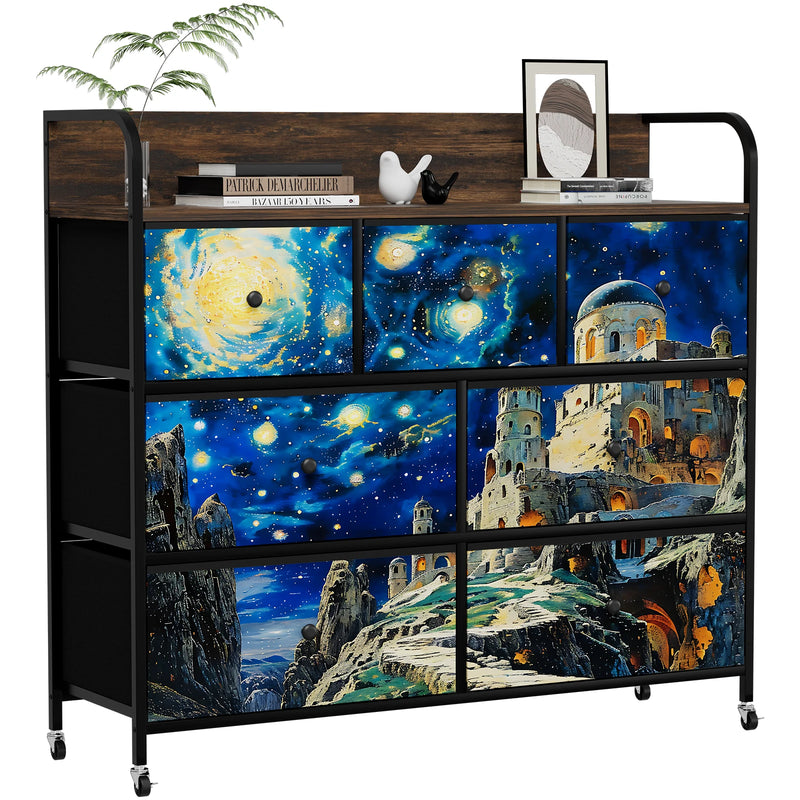 Flower Printed Fabric Dresser Cabinet with Wood Top