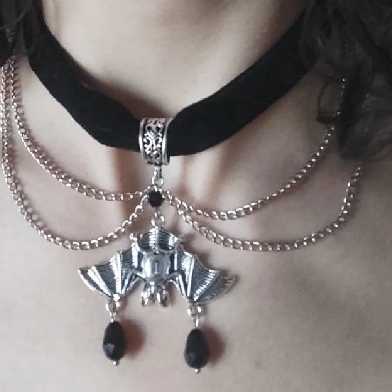 Goth Red Velvet Choker Bat Halloween Necklace