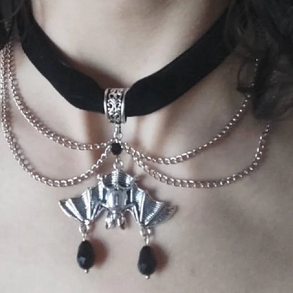 Goth Red Velvet Choker Bat Halloween Necklace