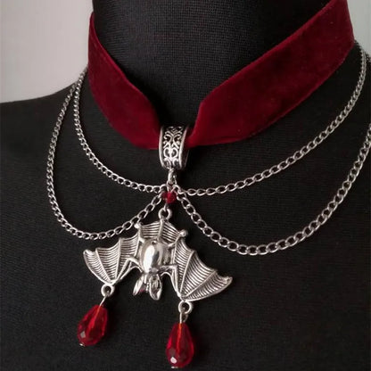Goth Red Velvet Choker Bat Halloween Necklace