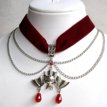 Goth Red Velvet Choker Bat Halloween Necklace