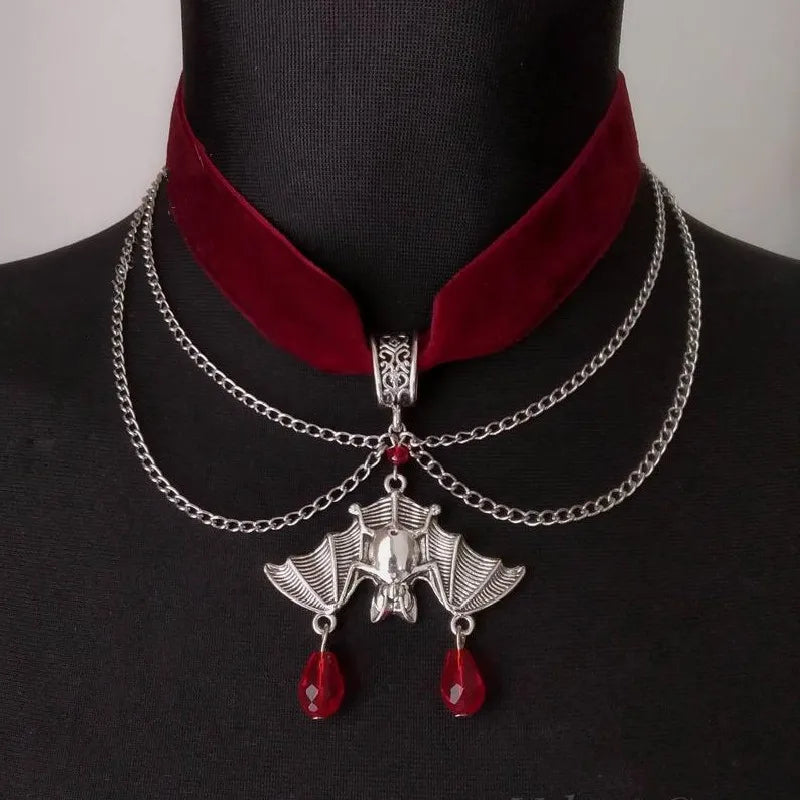 Goth Red Velvet Choker Bat Halloween Necklace