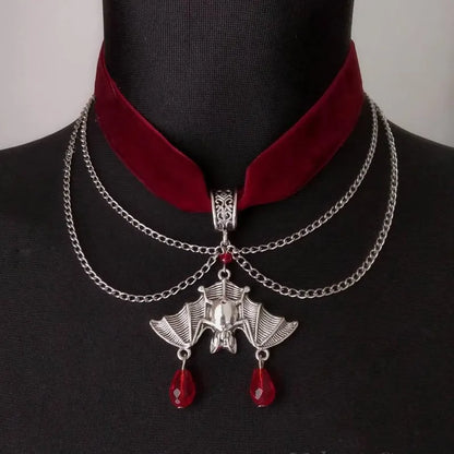 Goth Red Velvet Choker Bat Halloween Necklace