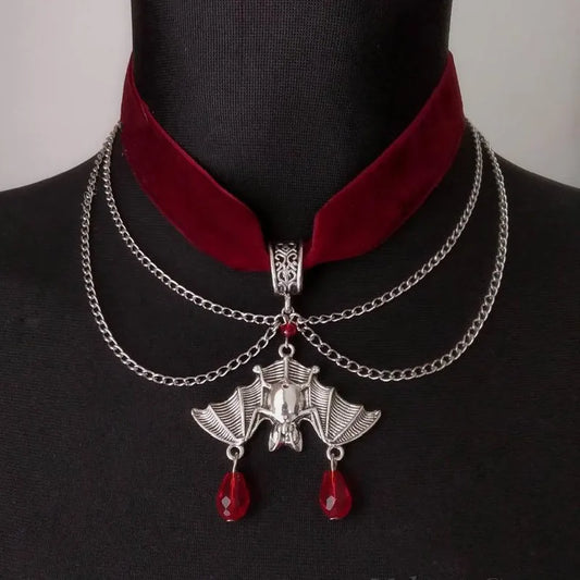 Goth Red Velvet Choker Bat Halloween Necklace