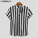 Striped Stand Collar Short Sleeve Summer Shirt