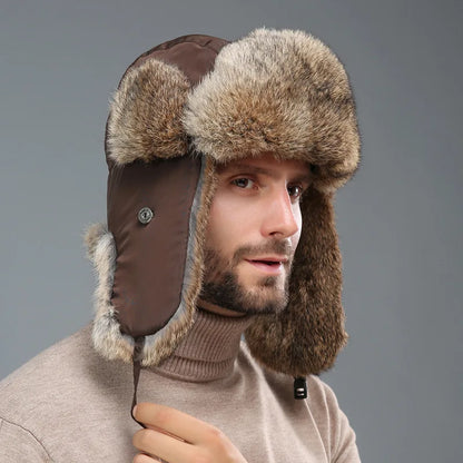 Windproof super warm real rabbit fur bomber hat