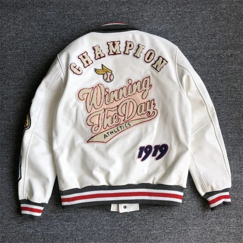 Trendy embroidery leather jacket
