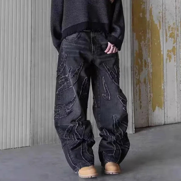 Embroidered Wide Leg Denim Trousers