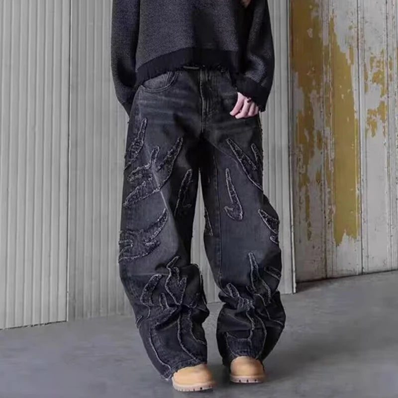 Embroidered Wide Leg Denim Trousers