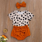 Leopard Print Short Sleeve Romper 3pcs Outfit Set