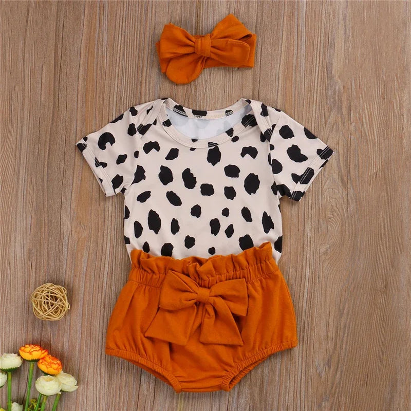 Leopard Print Short Sleeve Romper 3pcs Outfit Set