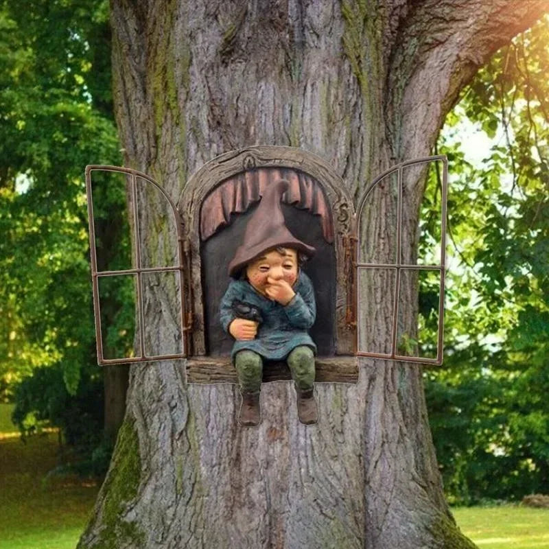 Creative garden gnome statue elf out tree hug