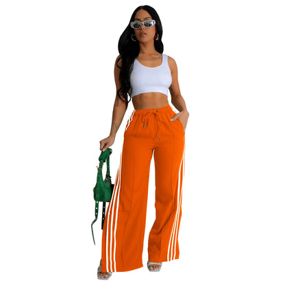 High waist stripe patchwork lace up pants
