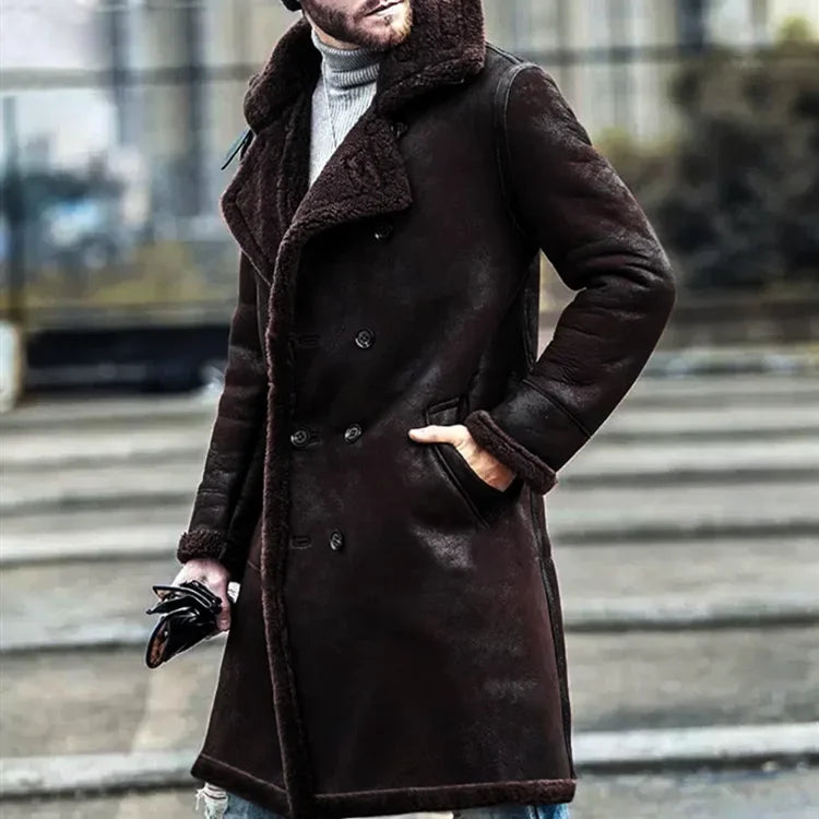 Faux Leather Long Sleeve Turndown Collar Coat