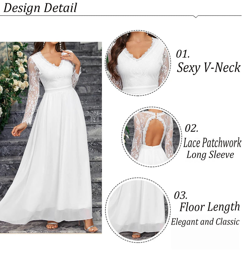Women's Floral Lace Maxi Long Sleeve Wedding Dress