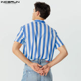 Striped Stand Collar Short Sleeve Summer Shirt